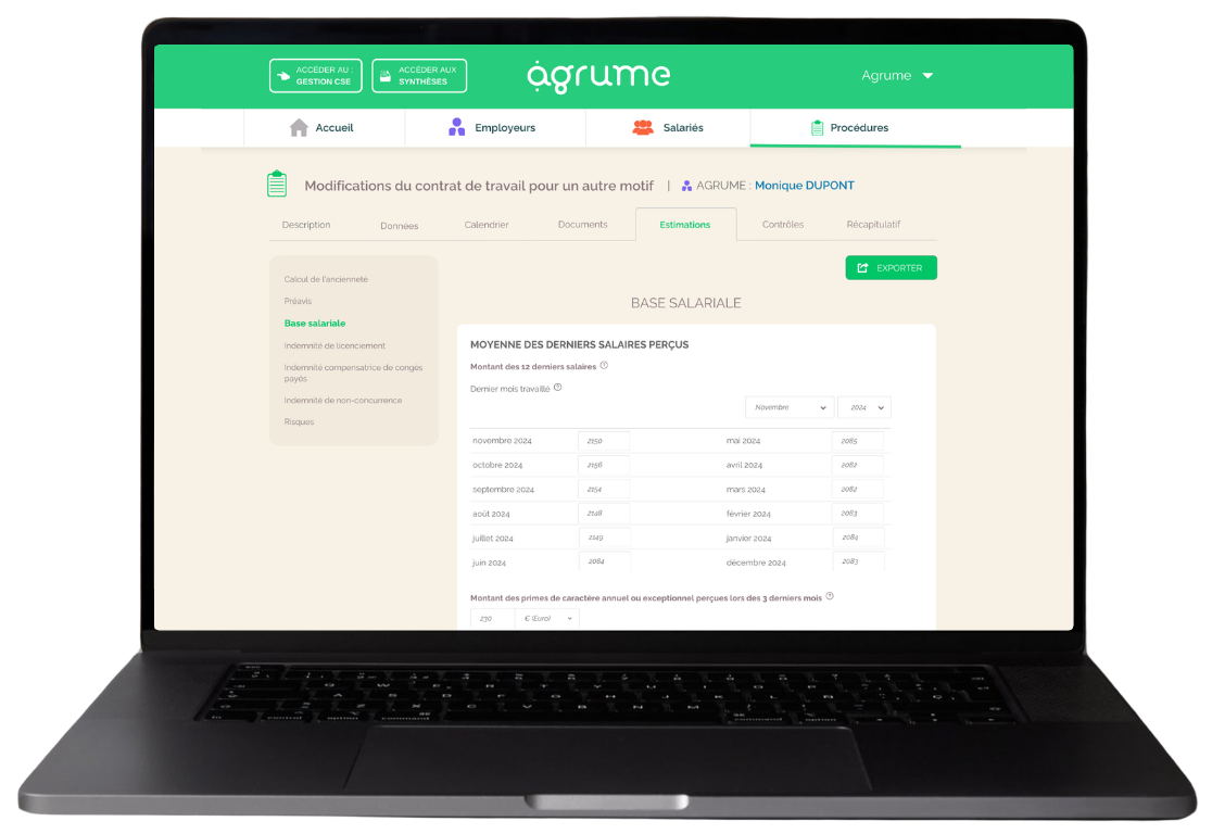 mockup logiciel EXPERT - Procédures - Estimation d'indemnités de licenciement