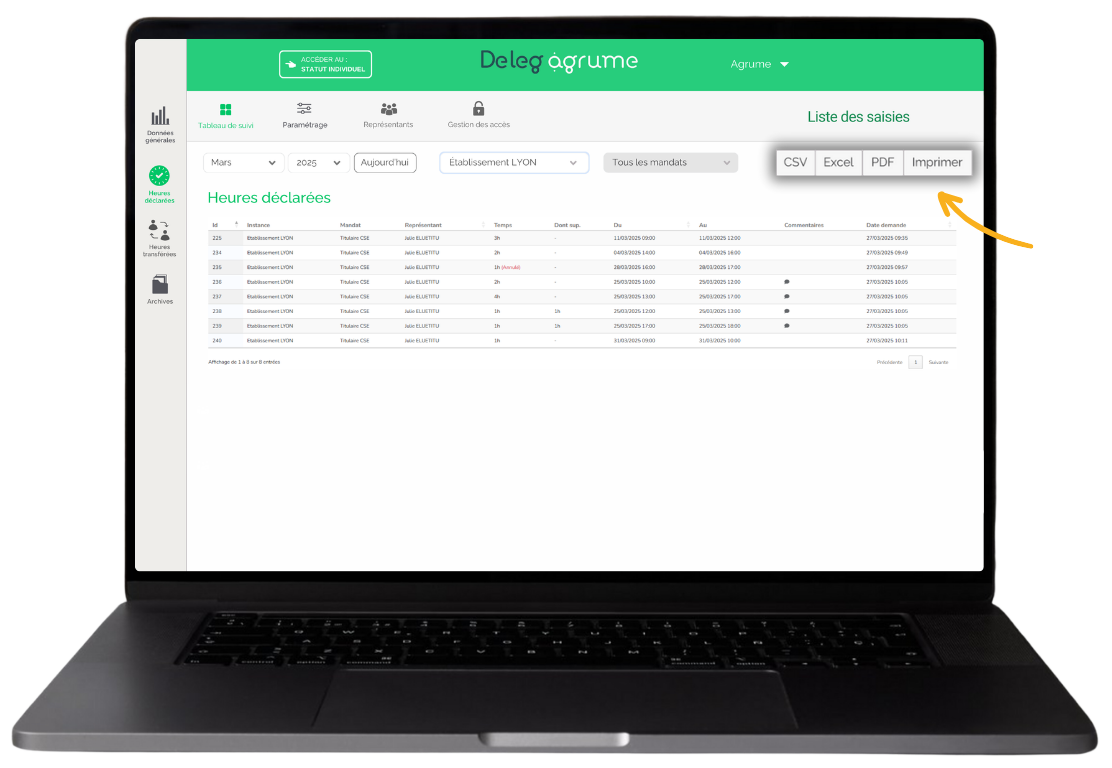 Mockup DelegAgrume - Tableau de suivi heures déclarées + export de fichier
